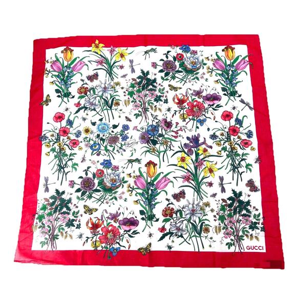 VINTAGE Gucci Red Colorful Floral Botanical Butterfly Print Scarf Italy 70s 80s - Picture 1 of 10
